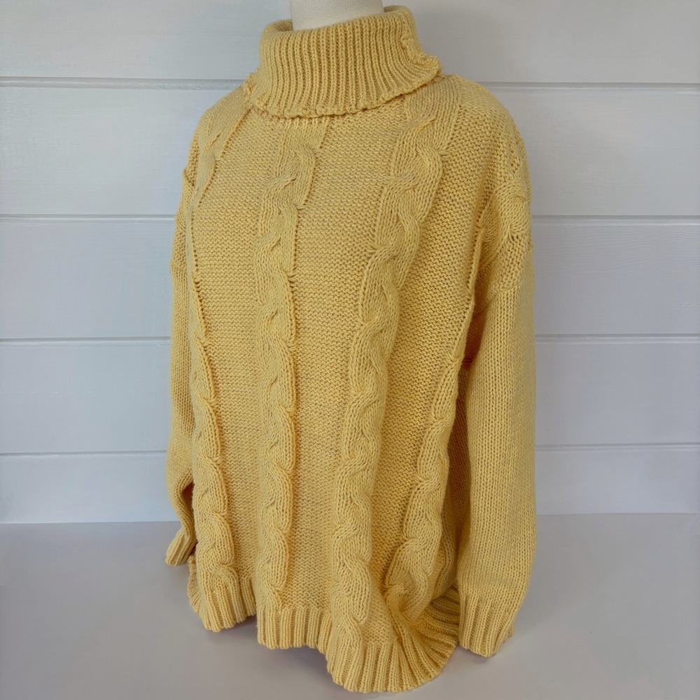 Vintage 90s Chunky Cable Knit Turtleneck Sweater XL Butter Yellow Fisherman Cozy - Picture 6 of 11